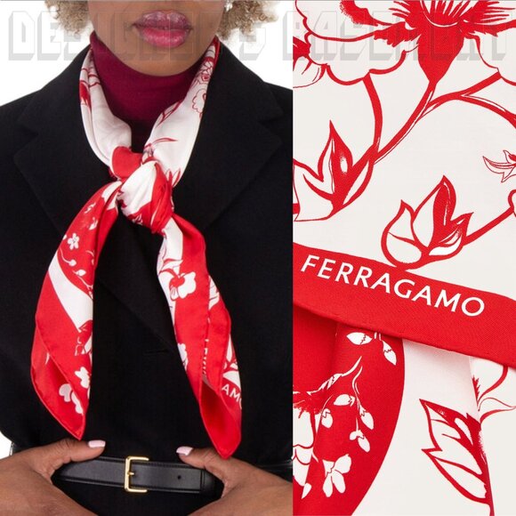 FERRAGAMO red & ivory floral YEAR OF THE DRAGON silk scarf NWT + gift envelope🎁 - Picture 5 of 5